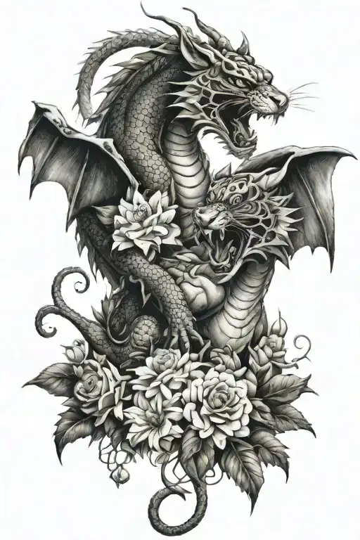 Dragon And Tiger Fighting With Daisys And Roses Around Them