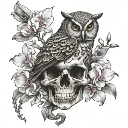 Owl Standing On A Skull With Orchid Flowers