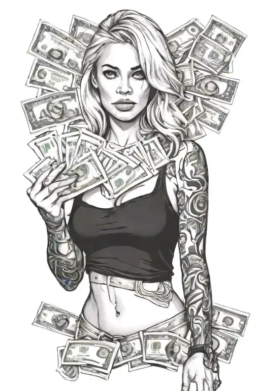 Hot Blonde Woman With A Tattoo On Her Right Arm And Money