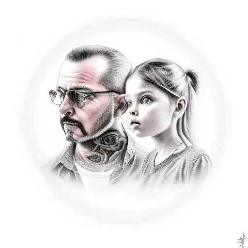A Realistic Portrait Of A Father And Daughter Surrounded By Metal Music Symbols