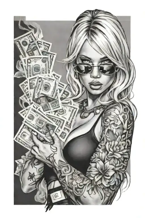 Hot Sexy Blonde Girl With Big With Tattoo On Her Right Arm And Money Burning