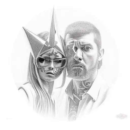 A Realistic Portrait Of A Father And Daughter Surrounded By Metal Music Symbols