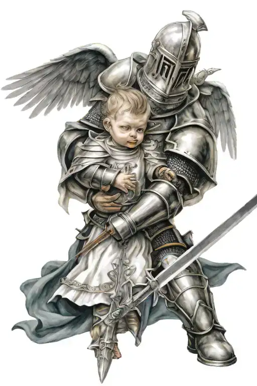 Knight Angel And Baby Knight Holding Sword