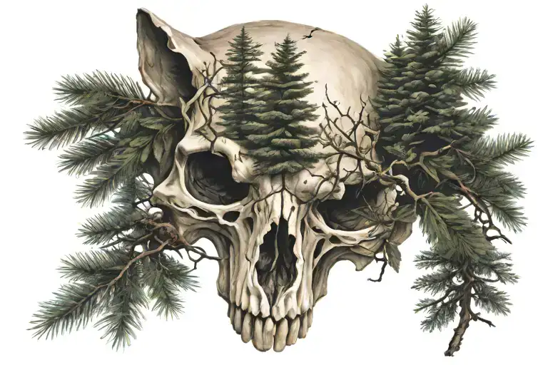 Overgrown Fox Skull With Pine Trees