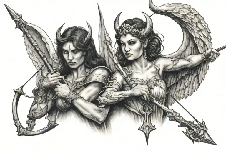 Angel With Bow And Arrow And Devil With Rifle