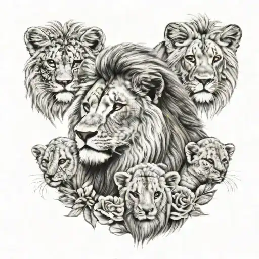 Lion Head With Its Mane Hair Wrapping Around A Baby Lamb And Two Lion Cubs