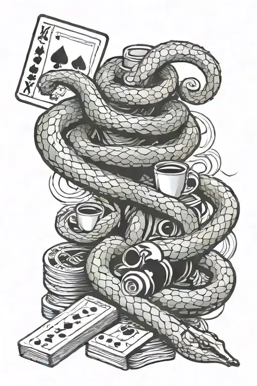 Poker Cards And A Snake With Coffee And Monster Energy Logo In Red And Black Ink