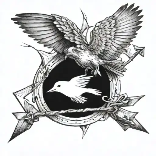 Bird Flying Away While Being Dragged Down By An A Arrow Points