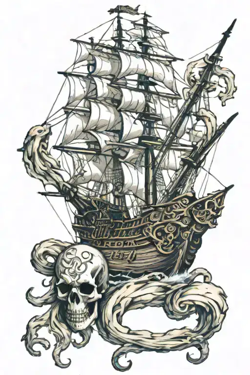 Pirate Ship With Skull And Kraken Emerging