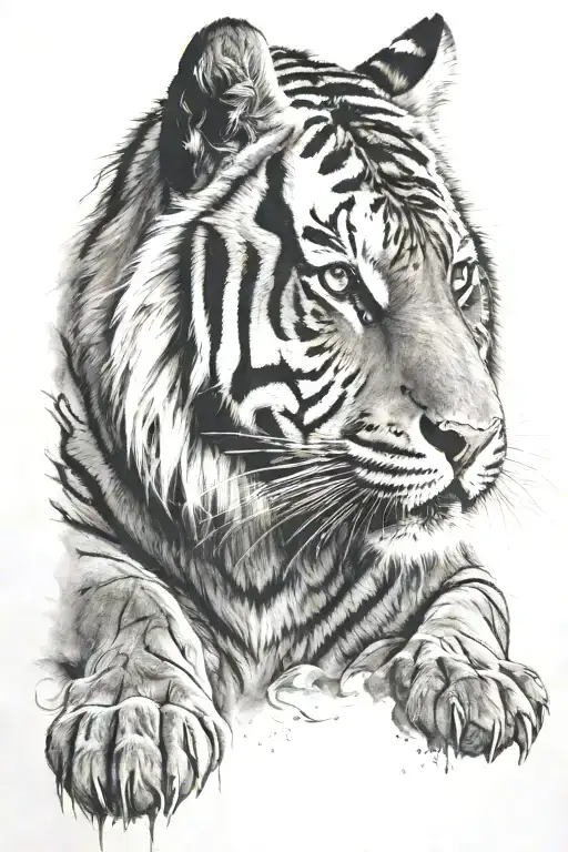 Tiger Head Facing Forward With Paw Prints Below