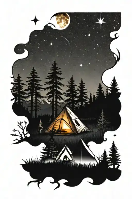 A Camping Scene With A Bonfire And Tent Under A Starry Sky