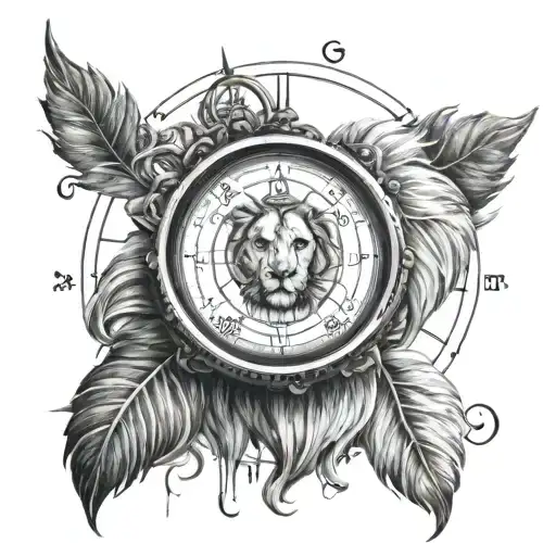 Compass With The Lion Sodiac Black And White Drawing