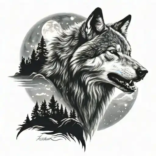 Snarling Wolf In Moonlight Lake Scene With Stars