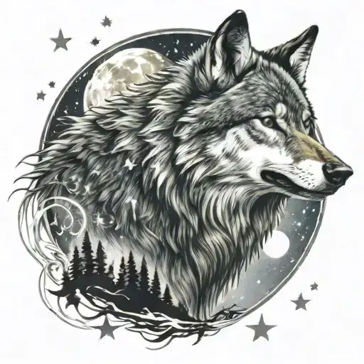 Snarling Wolf In Moonlight Lake Scene With Stars