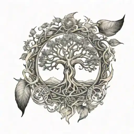 Yggdrasil Intertwined With Sun And Moon