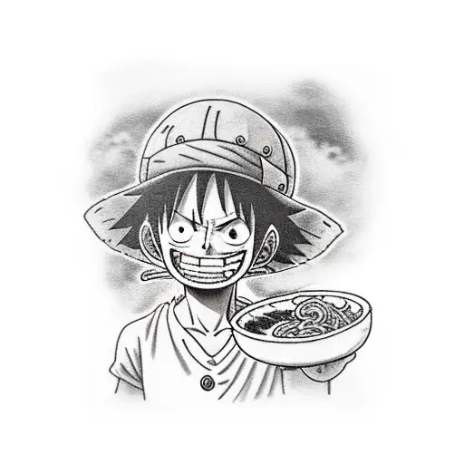 Realistic Portrait Of Luffy From One Piece Enjoying A Bowl Of Ramen