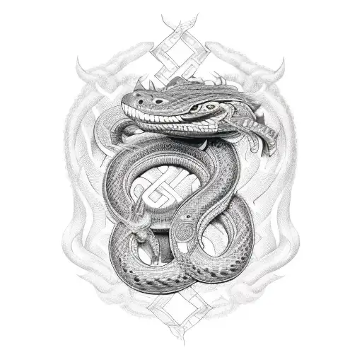 An Intricate Design Of A Cobra And Bear Intertwined With Viking Runes Forming A Guitar