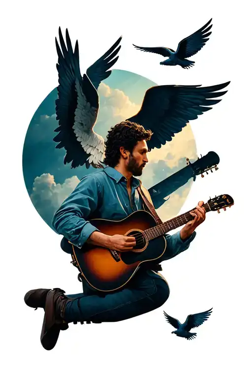 Forces A Man Playing An Acoustic Guitar And Two Flying Angels