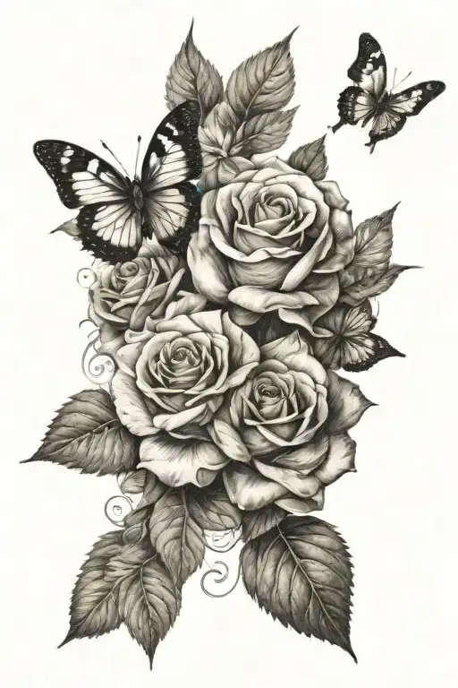 Roses And Butterflies On Top Of The Roses Shaded In The Background