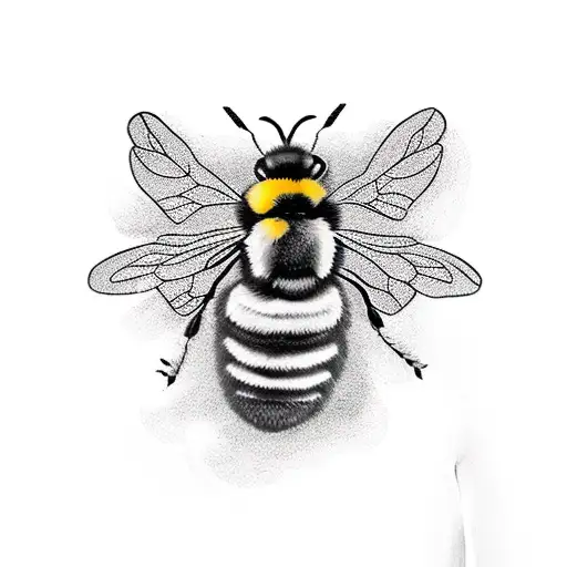 A Blackwork Tattoo Of A Bumblebee Flying Amidst A Thin Line Floral Garden