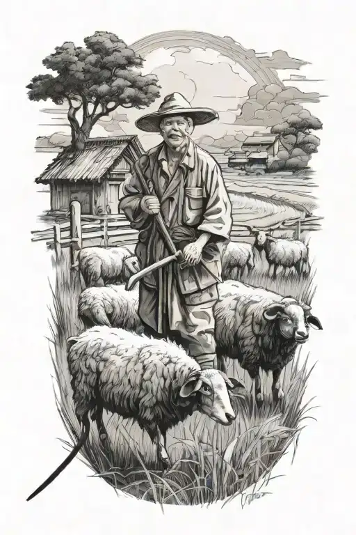 Chinese Farmer With A Scythe And Black Sheep