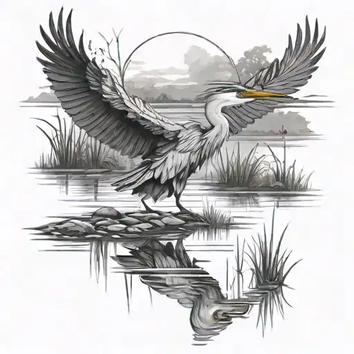 Heron In A Lake With A Spear In The Background Black