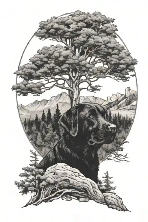 Black Lab Sitting Straight With Trees And Mountains Behing