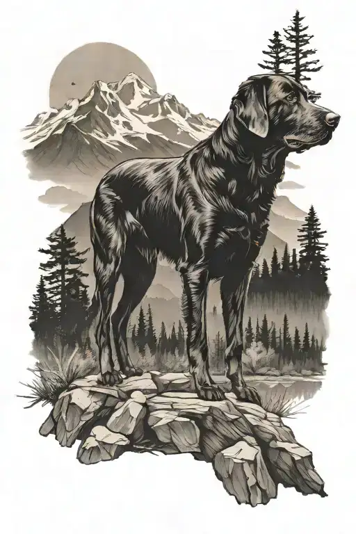 Black Lab Sitting Straight With Woods And Mountains Behing