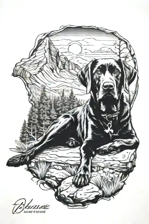 Black Lab Sitting With Woods And Mountains Behind