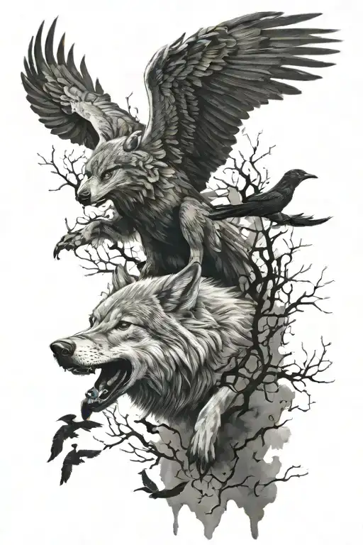 Wolf And Crows Flying