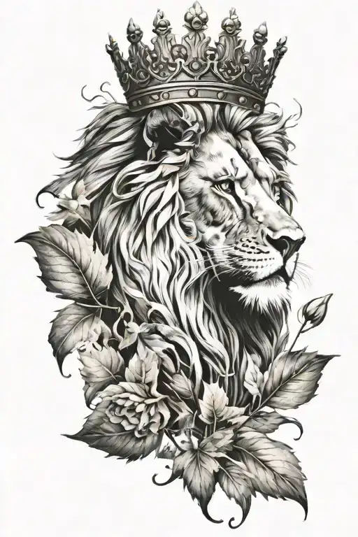 Lion With Scar And Crown With Leaves And Reaf At The Bottom