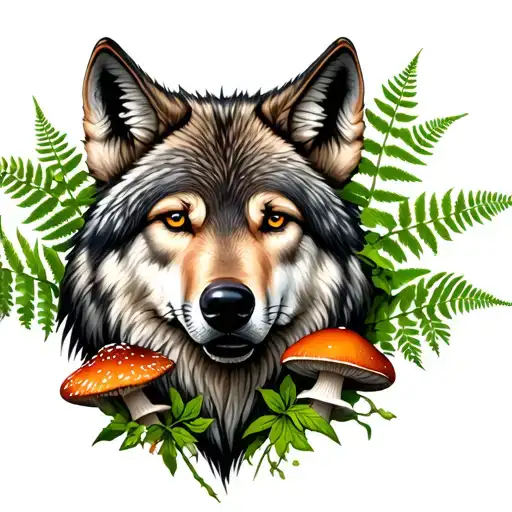 Wolf Head With Fern Leaves And Mushrooms