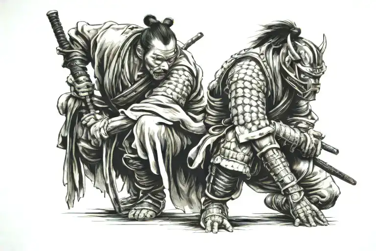 Ronin Samurai Kneeling On Both Legs