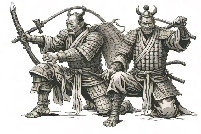 Ronin Samurai Kneeling On Both Legs