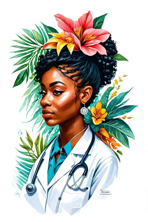 Island Black Female Doctor Tattoo Design Incorporating Elements