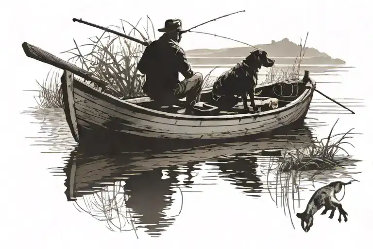 Silhouette Of A Man Fishing In His Boat With His Dog