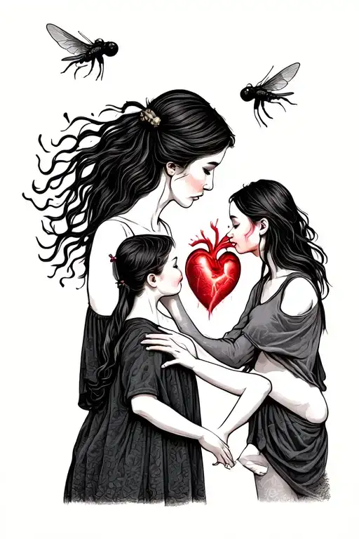 Outline Of Women Reaching Up For Her Children In Pain As The Fly Awy With Her Heart
