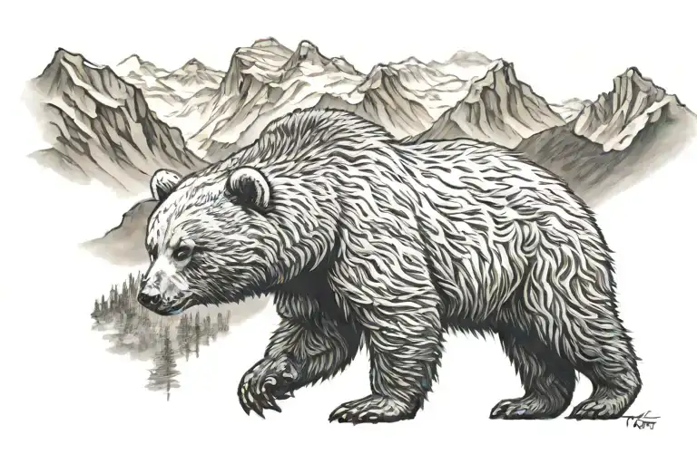 A Realistic Tattoo Drawing Of A Small Bear In Front Of The Mountains