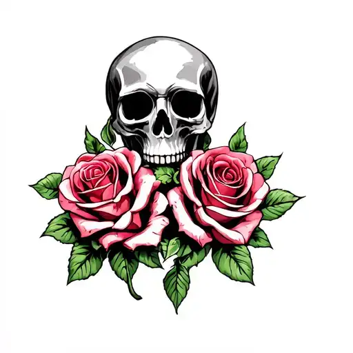 Skull And Roses Entwined Black And White With Color Accents