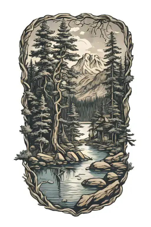 Realistic Nature Inspired Tattoo With A Lake Trees