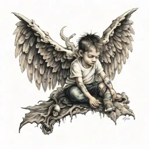 Full Body Child With Childhood Trauma And Wings Of Demon And Angel