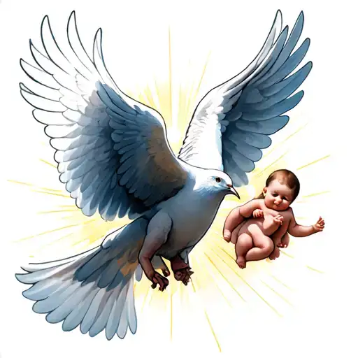 A Dove Flying In The Air With Baby Angels And A Light Shining Through Church Windows