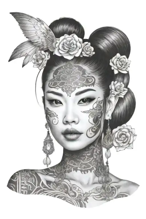 Beautiful Asian Woman With Asian Lettering