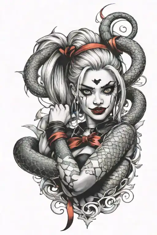 Harley Quinn And Snake Wrapped Down Forearm Sleeve