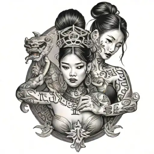 Beautiful Asian Woman Posing With Tattoos And The Letters Of Loyalty In Chinese Language