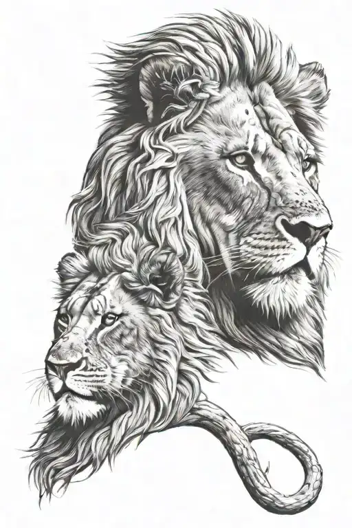 Lion Looking Down To Little Lion Face