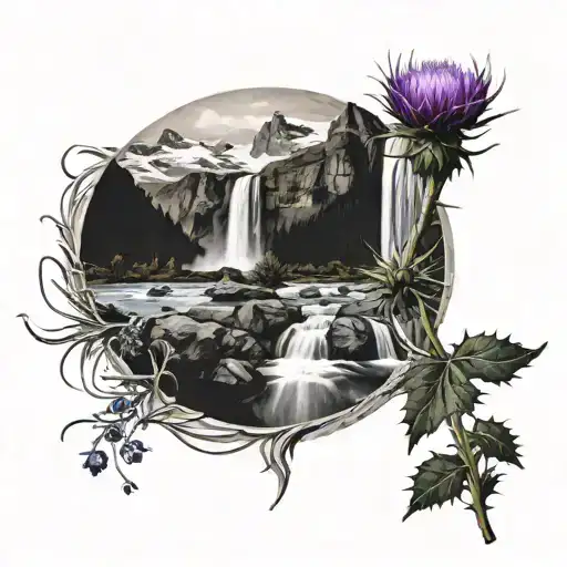 Waterfall And Mountains With A Thistle Intertwined