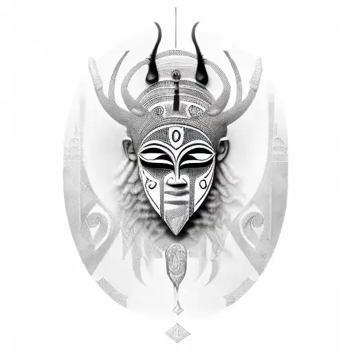 African Mask Adorned With Mystical Symbols And Runes