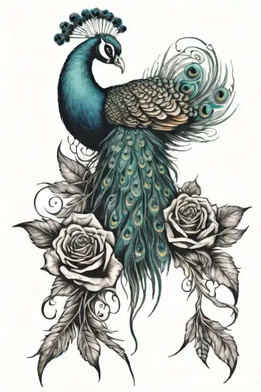 Tattoo With Bleeding Thorny Roses Intertwined With Peacock And Peacock Feathers