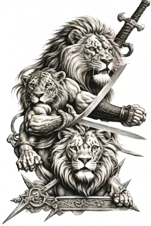 Lion And Gladiator Swords Crossed